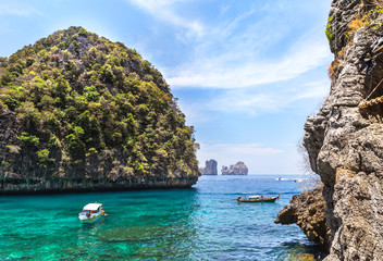 Naklejka premium view of loh samah bay blue lagoon is snorkeling point at phi phi island, krabi Thailand 