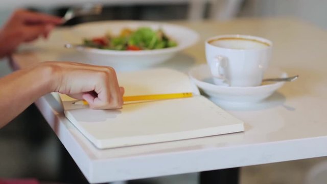 woman or reviewer rating dish at restaurant