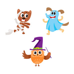 Owl, dog and bear animal characters in Halloween costumes - ghost, mummy, witch, cartoon vector illustration isolated on white background. Bear, owl and dog animal characters celebrating Halloween