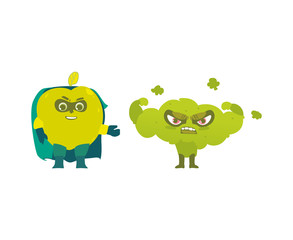 Apple and broccoli hero, superhero characters, guards, defendors, flat style cartoon vector illustrations isolated on white background. Apple and broccoli characters in hero, superhero costumes