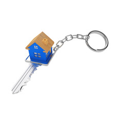 Silver key with blue house icon isolated on white background. 3D illustration