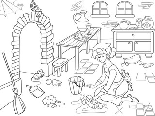 Cinderella cleans up the kitchen. The girl on the floor, around the mess. Cartoon coloring book.