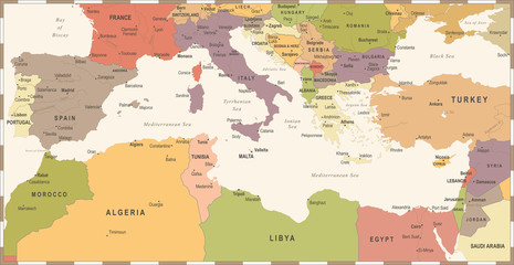Mediterranean sea Map - Vintage Vector Illustration