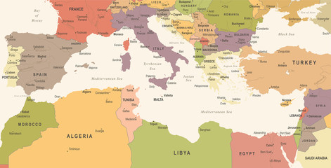 Mediterranean sea Map - Vintage Vector Illustration