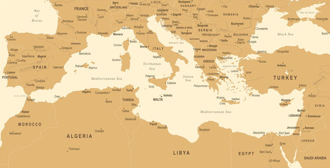Mediterranean sea Map - Vintage Vector Illustration