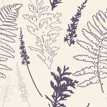 Floral vector seamless pattern with wild flowers, fern leaves and evergreen pine tree branches.