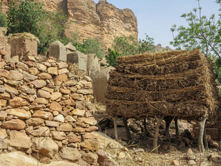 Abandoned cliff dwellings on the Bandiagara escarpment above Telí village, Mali 