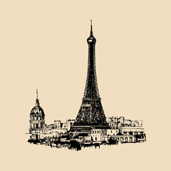 Eiffel Tower hand sketched illustration for greeting card, festive poster etc. Vector travel icon. Paris view landscape.