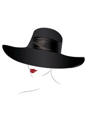 Sketch- female face in black hat, red lips, - isolated on white background - art creative vector illustration.