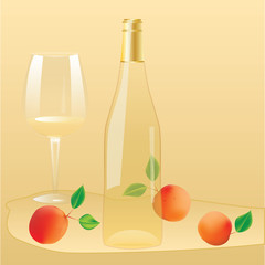 A bottle of white wine with a cork, glass, apricots, - realistic - isolated on a decorative light yellow background - art creative vector illustration.