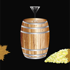 A wooden barrel, a glass, a grape brush - realistic - on a black background - art creative modern vector illustration.