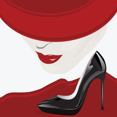 Image of a female face - red lips, hat, lacquered black high-heeled shoes - art abstract creative modern illustration, vector