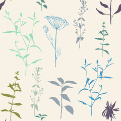 Vector floral seamless pattern with wild meadow flowers, herbs and grasses. Thin delicate line silhouettes of different plants like sunflowers and basil.