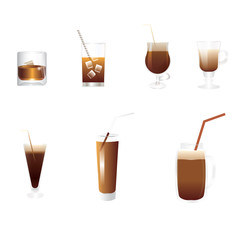 Set of seven drinks of brown tones - in transparent glasses of different shapes - cognac, cocktail, smoothies, coffee liqueur, - isolated on white background - art creative modern vector