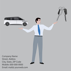 Banner - Auto- service sale, rental, repair - man - agent, manager, car, keys, - art creativity modern vector illustration