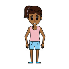 young woman with dark skin wearing shorts and pink shirt icon image vector illustration design 