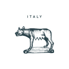 The Capitoline Wolf sculpture drawing. Rome touristic symbol. Vector hand sketched illustration of Italy sights