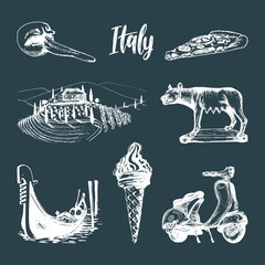 Italian set of sketches. Hand drawn illustrations of Italy travel symbols. Vector touristic signs of vacations.