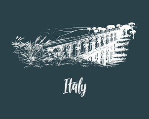 Italian landscape with roman aqueduct. Vector hand sketched illustration of Italy sights. European touristic symbol