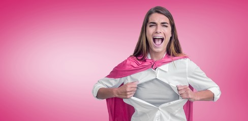 Composite image of portrait of woman pretending to be superhero - Powered by Adobe