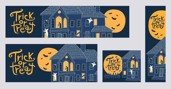 Halloween trick or treat web banners with spooky houses vector illustrations. Collection of four different sizes banners: 970x250, 720x300, 300x250, 160x600
