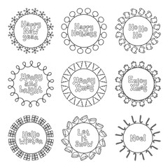 Obraz premium Merry Christmas New Year wishes labels stickers and badges. Hand drawn framework frame. Calligraphy phrase. Handwritten lettering. Xmas phrase set. Holidays. Greeting text. Christmas calligraphy.