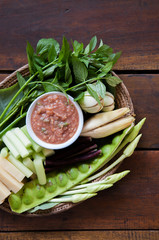 Nam Prik or Thai chili dip sauce with vegetables