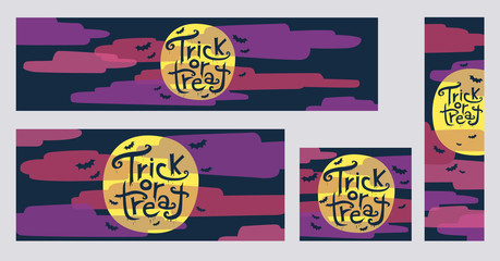 Halloween trick or treat web banners with moon and clouds vector illustrations. Collection of four different sizes banners: 970x250, 720x300, 300x250, 160x600