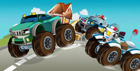 cartoon scene with pursuit police chasing fast red car illustration for children © honeyflavour