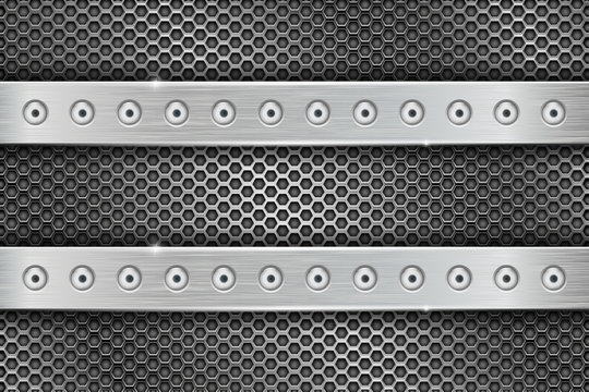 Metal perforated background with brushed iron stripes with rivets