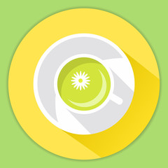Cup of herbal tea with a camomile. Health hot drink green tea.An icon in flat style a vector.A ceramic cup with drink.The top view on a cup beverage with a flower and a saucer.