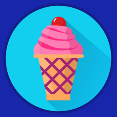 Wafer cup frozen with a rosette cream and cherry. amorozhenny dessert. Delicacy for children. A vector in flat style.Summer dessert.A concept of design of food for children.
