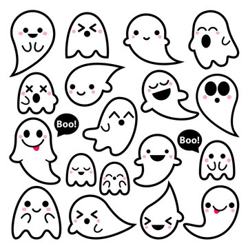 Cute vector ghosts icons, Halloween design set, Kawaii black stroke ghost collection on white background