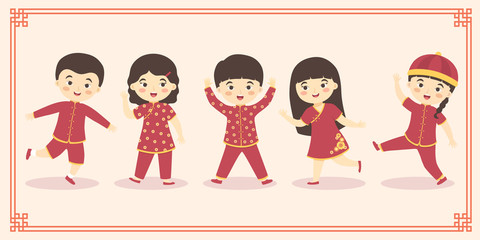 Cute Chinese Kids Boy Girl Costume Set, Chinese New Year Cartoon Vector Illustration with Frame