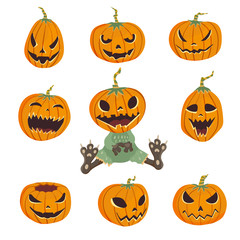 Halloween set with carved pumpkins. Vector illustration, isolated on white background.