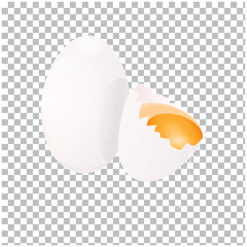 Egg whole and egg with broken shell, bright yolk, protein flowing with drops - isolated on transparent background, realistic - art creative modern vector