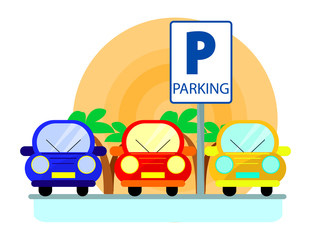 Parking concept with red, green and blue Cars in flat style over sunset. Flat Illustration - 170725385