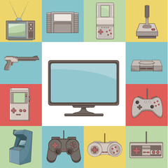 Classic videogames and console icons over white background vector illustration