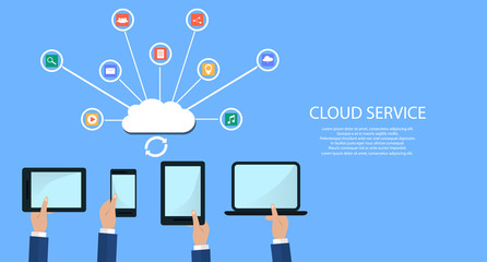 Hands Holding Computer Devices Connect to Modern Cloud Services. Flat Illustration.