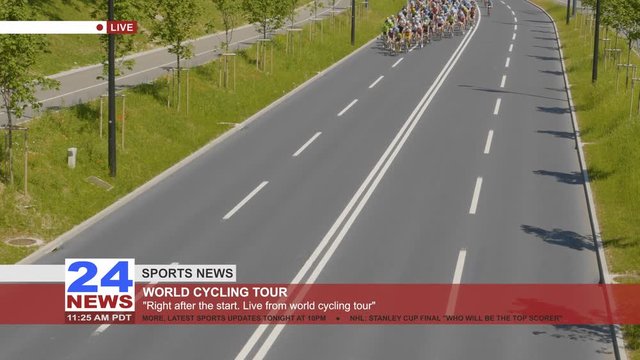 High POV of the amazing leading group of fast professional cyclists at a race on a sunny day for sports news.
