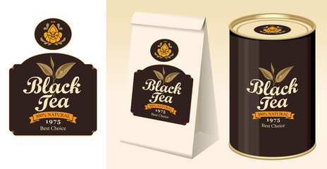 Vector banner and label for black tea with the image of tea leaves on the twig and inscription on the black background. Paper 3D package and a tin can of tea with this label