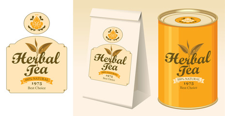 Vector banner and label for black tea with the image of tea leaves on the twig and inscription. Paper 3D package and a tin can of tea with this label