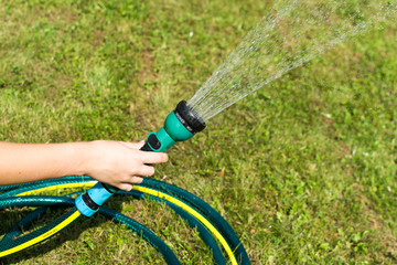 Rings of garden hose and girls hand, holding sprinkler while watering green grass on lawn  in ...