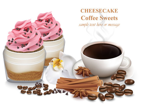 Cheesecake and fresh coffee. Vector realistic sweet desserts