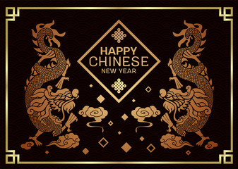 Happy Chinese new year card with Twins china dragon celebrates sign on clouds warm light tone on  dark background and gold frame