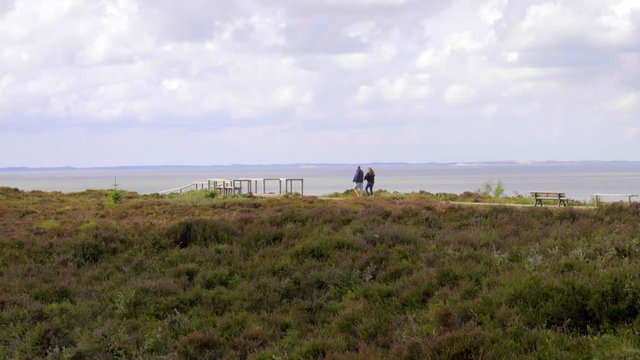 Wanderer durch heide Landschaft auf Sylt am Weltnaturerbe Wattenmeer