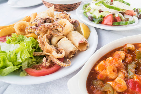 Traditional Greek Food Served At Outdoor Restaurant