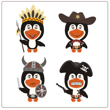 Set isolated penguin in cartoon style for design children holiday and birthday. Funny penguin in costume of viking, american indian, cowboy and pirate.