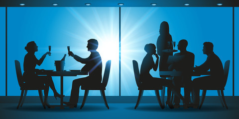 salle de restaurant -  silhouette - table -serveur - couple - amis - obrazy, fototapety, plakaty