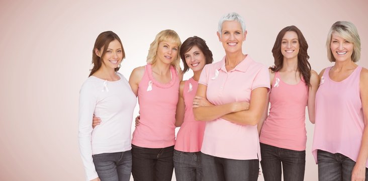 Composite image of portrait of confident women supporting breast